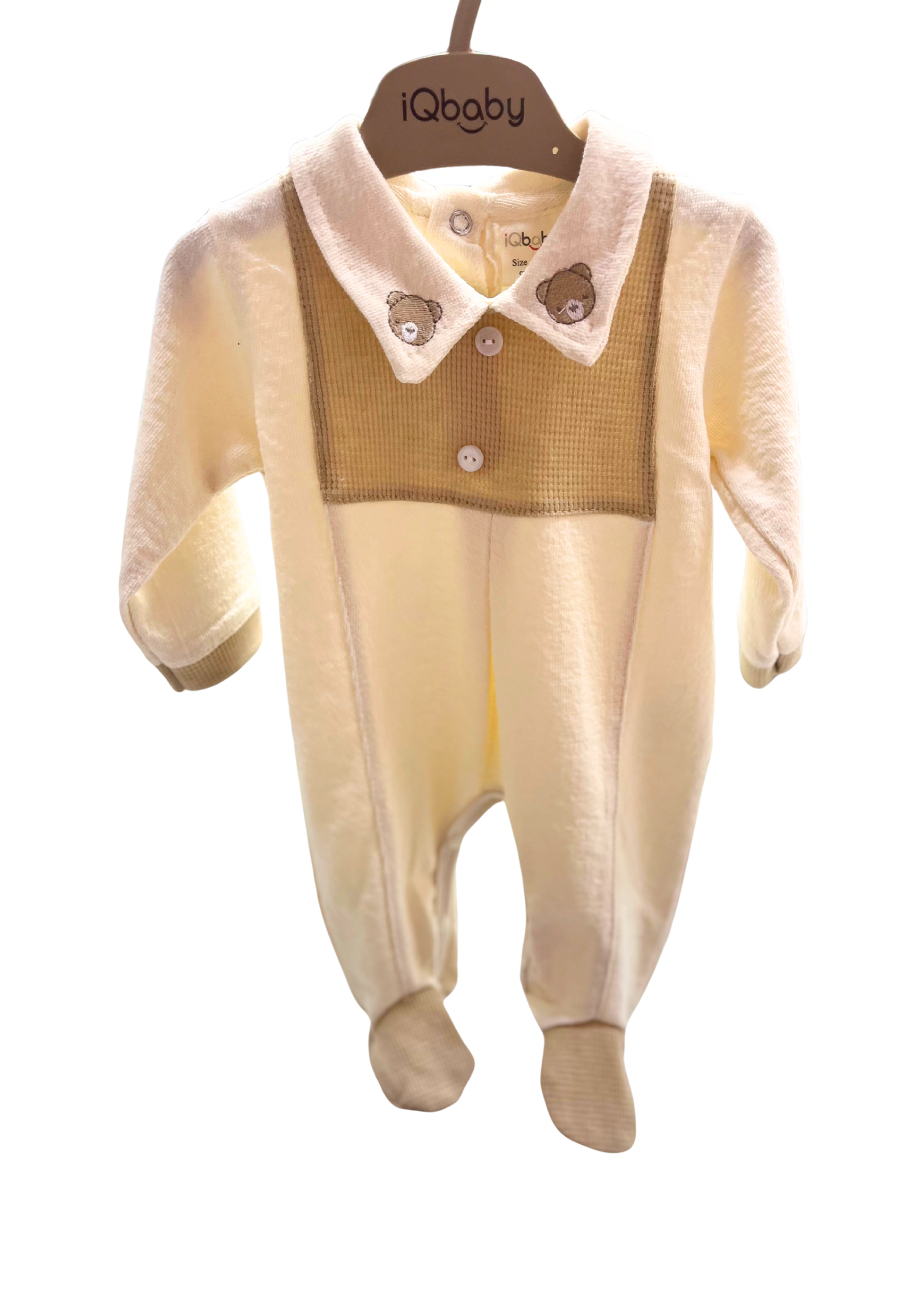 iQbaby Kadife Ayıcıklı Bebek Tulum – Kahve & Krem