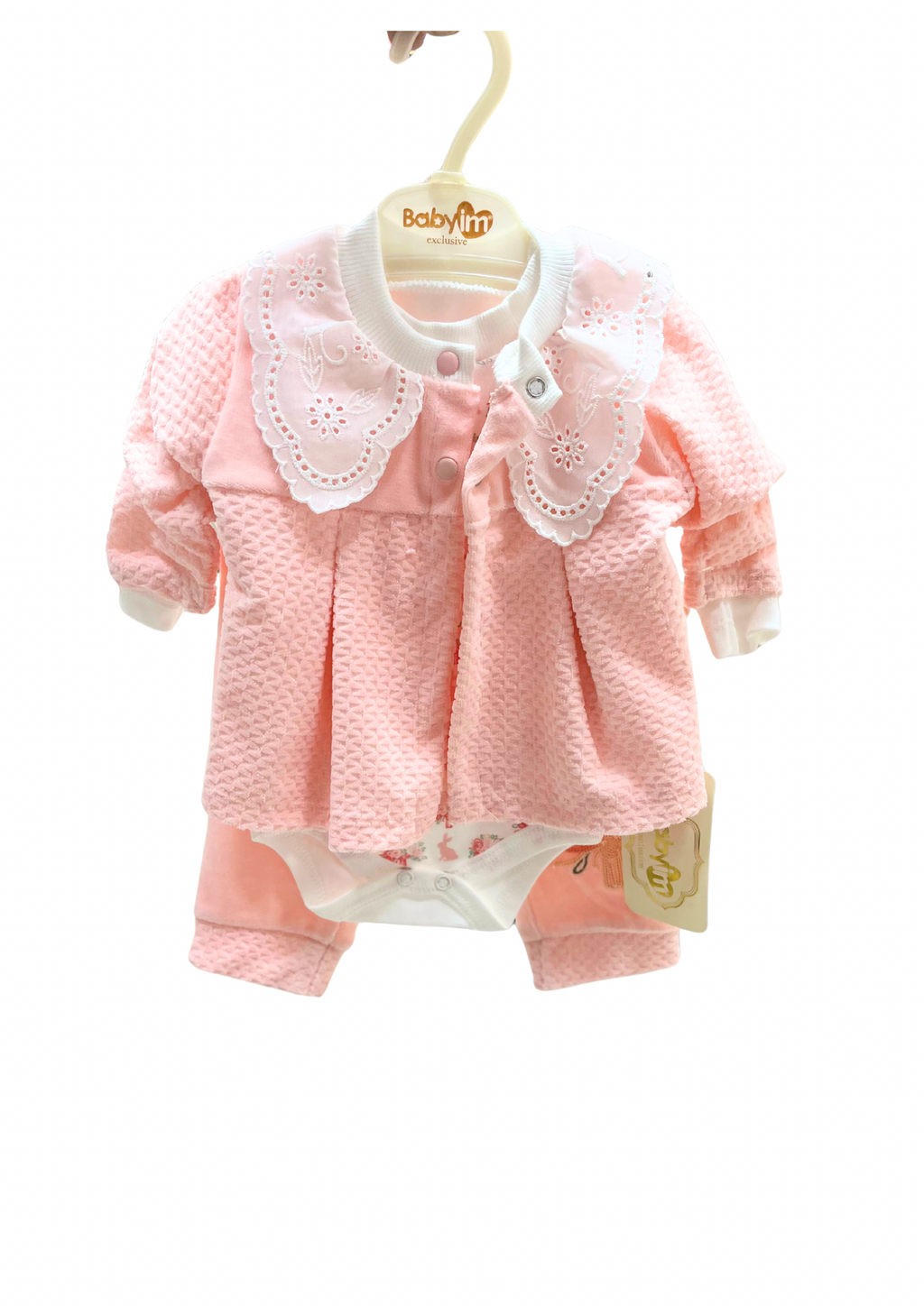 Babyim Exclusive Pembe Dantelli Bebek Takımı – 3’lü Set