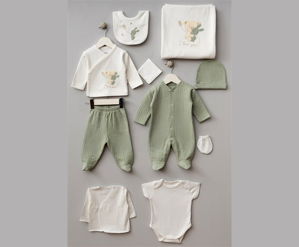 *Öykü Bebe – 10 Parça Premium SARILAN AYICIK Hastane Çıkış Seti