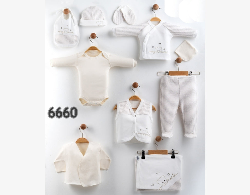 Öykü Bebe – 10 Parça Premium ERKEK ÇİZGİLİ AYI Hastane Çıkış Seti