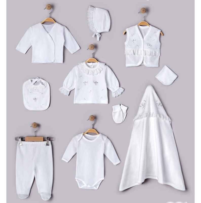 Öykü Bebe – 10 Parça Premium KIZ SİMLİ KUŞLU Hastane Çıkış Seti