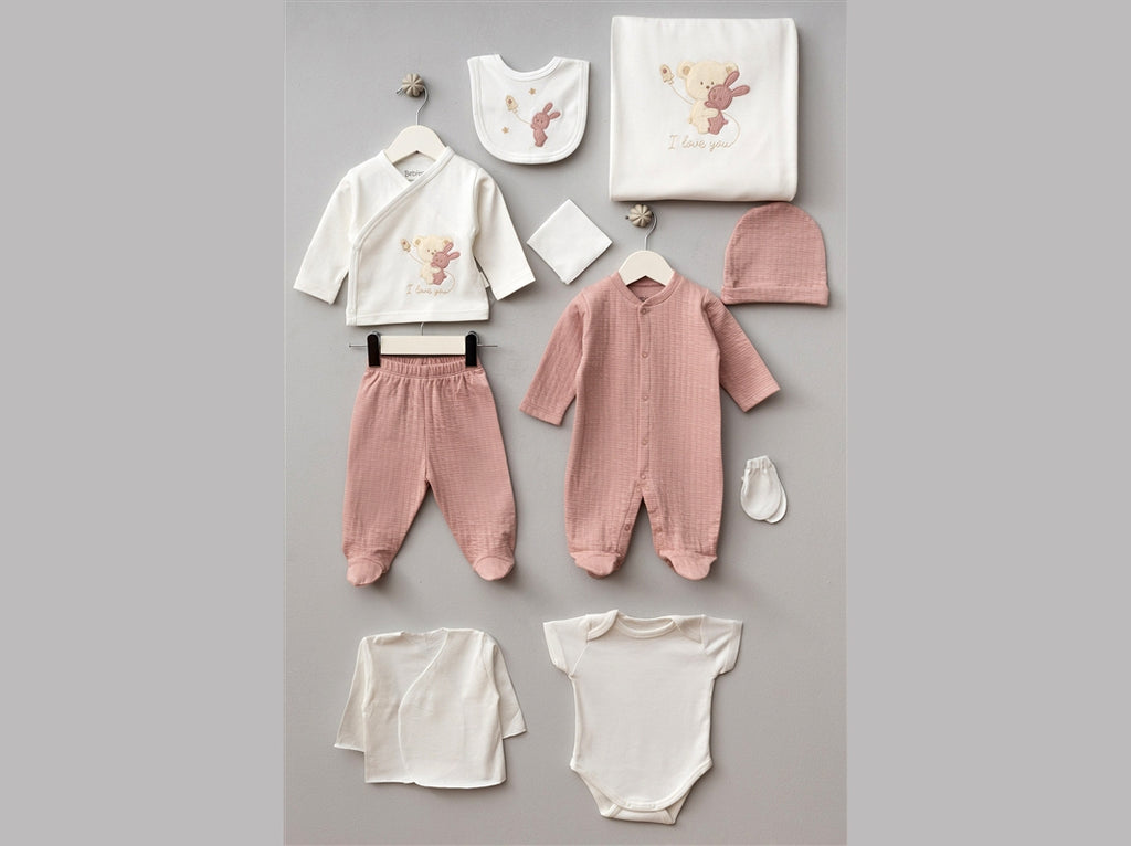 *Öykü Bebe – 10 Parça Premium SARILAN AYICIK Hastane Çıkış Seti